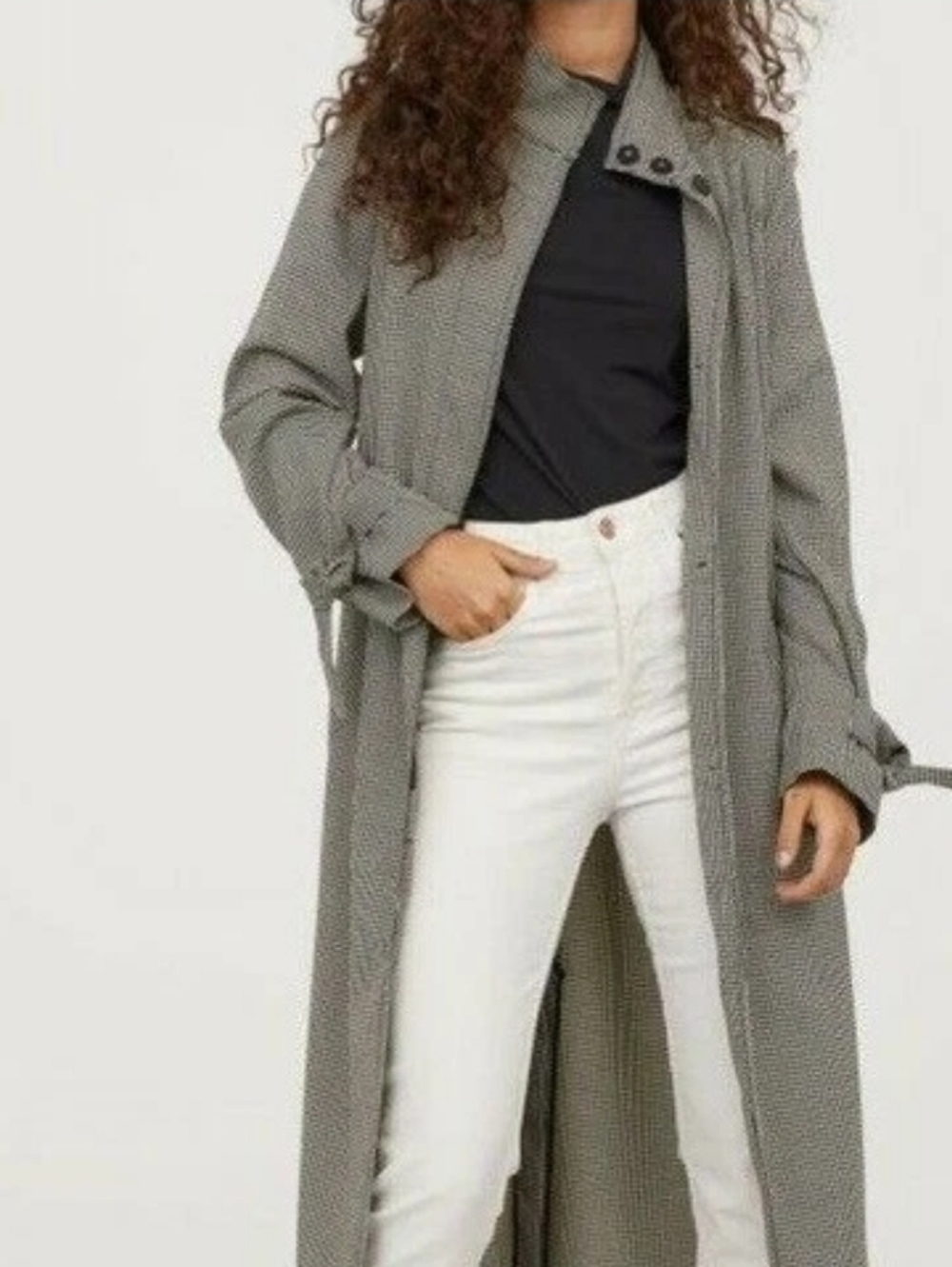 H&M S 4 Houndstooth Trench Coat Knee Length Belt Tie Black White Beige